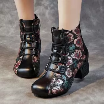 Женская обувь в этническом стиле, зимние новые короткие ботинки на толстом каблуке с мягкой подошвой, теплые хлопковые ботинки среднего возраста 35 чёрный