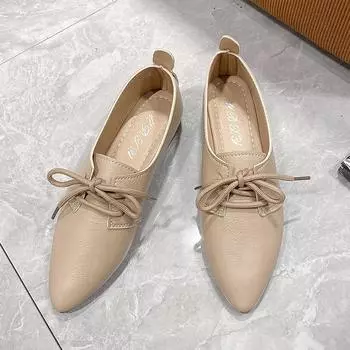Женская обувь в британском стиле, осенние новые туфли на шнуровке, маленькие кожаные туфли для женщин, все плоские, с острым носком, женские, мягкие, подошвы, большие размеры 35 абрикосовый