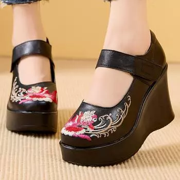 Женская обувь в стиле ретро ручной работы с круглым носком, увеличивающая рост танкетка 9 см, повседневная обувь, женские туфли на платформе из натуральной кожи 225 бежевый