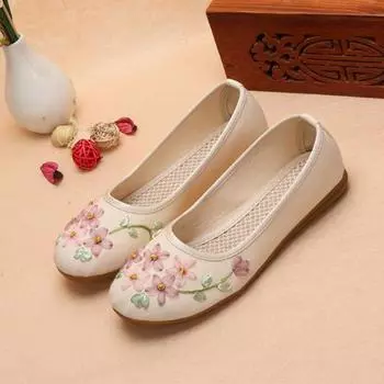 Женская обувь, весенне-летние балетки, лоферы без шнуровки с цветочным принтом, парусиновые эспадрильи, женские этнические туфли на плоской подошве 36 белый