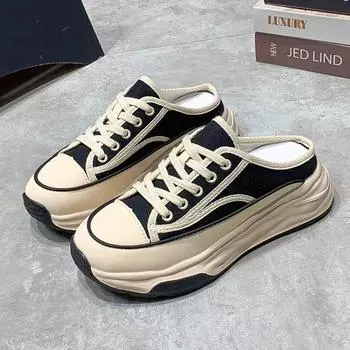 Женская обувь, весенние и осенние тапочки 2024 года, новые популярные модные полутапочки Baotou, уличные парусиновые туфли без застежек 35 чёрный