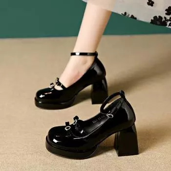 Женская обувь, весенняя новая модная однотонная уличная женская обувь с круглым носком и пряжкой на толстом каблуке и высоком каблуке 34