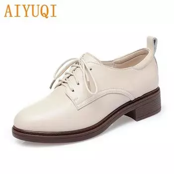 Женская обувь, весенняя женская обувь из натуральной кожи на шнуровке, повседневная женская обувь большого размера в британском стиле на толстом каблуке с круглым носком 35 бежевый