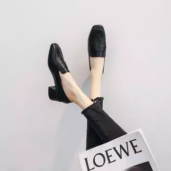 Женская обувь весна и осень новая обувь на одинарной подошве универсальные туфли на высоком каблуке профессиональные на толстом каблуке рабочие маленькие кожаные туфли британский средний каблук 34 чёрный