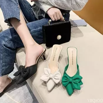 Женская обувь весна-лето корейский шелк атлас остроносые тапочки с бантом Baotou Flat Heel Sets Semi Slippers 35 зелёный