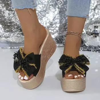 Женская обувь выпускает новые летние женские тапочки разноцветные банты с открытым носком и высоким каблуком 35
