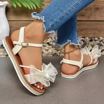 Женская обувь высокого качества, новые летние однотонные женские сандалии с открытым носком, большого размера, украшенные бантом и пряжкой 41 белый