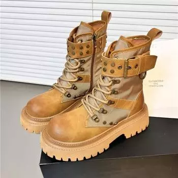 Женская обувь, высококачественные женские ботинки с боковой молнией, модные, с перекрестной шнуровкой, для офиса и карьеры, новые, с круглым носком, до середины икры 35