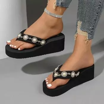 Женская обувь, высококачественные женские тапочки с защипнутым носком, модные пляжные тапочки с бисером, женские летние шлепанцы больших размеров 36