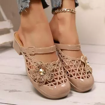 Женская обувь Закрытый носок Женские тапочки Модные повседневные тапочки с цветочным принтом Женские летние бестселлеры Плоские тапочки 36