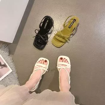 Женская обувь, зеленые босоножки для женщин, массивная обувь на толстом каблуке, лето 2024 года, босоножки с открытым носком и бантом на среднем каблуке F Korea 35