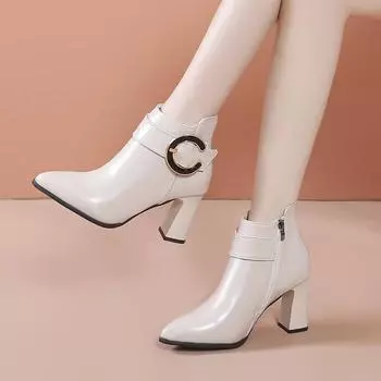 Женская обувь, женские ботинки с боковой молнией, модные, с пряжкой на ремне, для офиса и карьеры, сексуальные, с острым носком, ботильоны больших размеров 35 покинуть белый