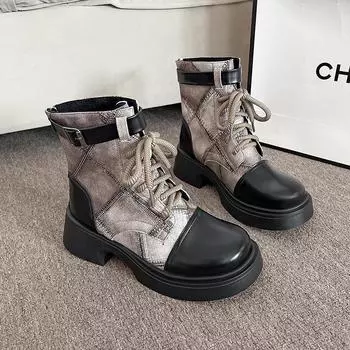 Женская обувь Женские ботинки с перекрестной шнуровкой Модные повседневные ботинки с пряжкой на ремне Новые женские ботильоны с круглым носком Туфли на толстой подошве 35