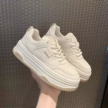 Женская обувь. Женские массивные кроссовки на шнуровке. Кожаные туфли на плоской платформе с толстой подошвой. Женские туфли. 36 бежевый