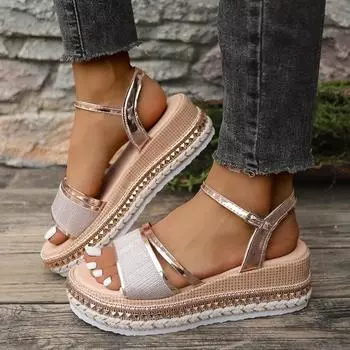 Женская обувь Женские сандалии с пряжкой на ремне Модные повседневные сандалии с открытым носком Женские летние босоножки на танкетке больших размеров 36