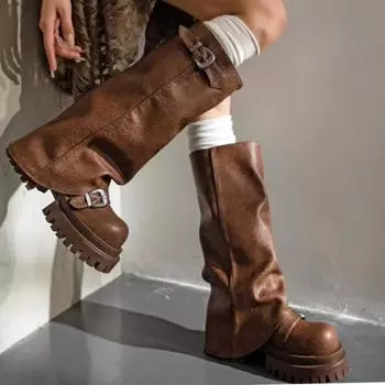 Женская обувь, женские сапоги без застежек, модные сапоги с пряжкой на ремне, современные сапоги, женские зимние сапоги на платформе с круглым носком, до колена 35 чёрный