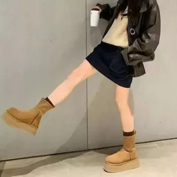 Женская обувь, женские сапоги до середины голени, модные короткие плюшевые повседневные сапоги, женские зимние сапоги с круглым носком и толстой подошвой 35 чёрный