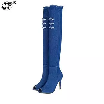 Женская обувь Женские сапоги выше колена с открытым носком, рваные джинсы с высоким каблуком, обтягивающие эластичные джинсы для фитнеса, сексуальные туфли-лодочки на молнии 755 4 чёрный
