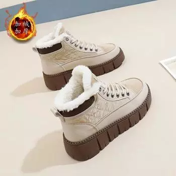 Женская обувь, зимние ботинки, новые студенческие корейские теплые нескользящие удобные ботинки на платформе со шнуровкой, ботильоны для отдыха на открытом воздухе 35 бежевый