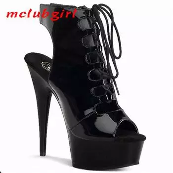 Женская обувь, зимние модные ботинки на высоком каблуке со шнуровкой, крутые ботинки с открытым носком, каблук 15 см, платформа 5 см, YKC 34 чёрный