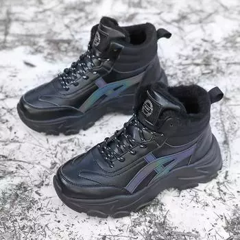 Женская обувь, зимние плюшевые толстые кроссовки, повседневные бежевые высокие хлопковые туфли, обувь для активного отдыха больших размеров 42 чёрный