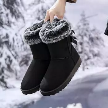 Женская обувь Зимние женские сапоги Повседневные теплые меховые сапоги до середины голени Ботинки без застежек с круглым носком на танкетке Зимние сапоги Большие размеры Туфли на платформе 36 чёрный