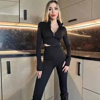 Женская одежда 2025 года, летняя новая мода Spice girl, топ с длинными рукавами, облегающий комплект из штанов для йоги S чёрный