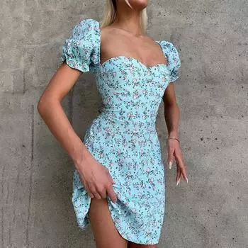 Женская одежда 2025 года, летняя новинка, принт, сексуальное платье с U-образным вырезом, открытой спиной и короткими рукавами S розовый