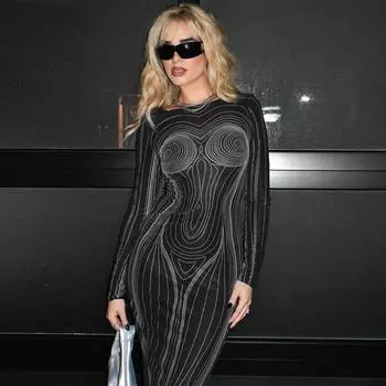 Женская одежда 2025 года, лето, новая мода, напечатанное платье с открытой спиной и круглым вырезом, с длинными рукавами S зелёный