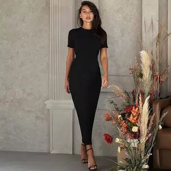 Женская одежда 2025 года, лето, новая мода, круглый вырез, узкая спинка, шнуровка, длинные рукава, платье S чёрный