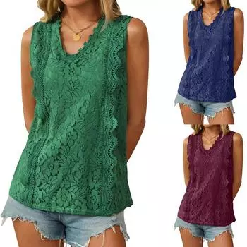 Женская одежда 2025 года, лето, новинка, кружевной жилет, топ без рукавов с V-образным вырезом S зелёный