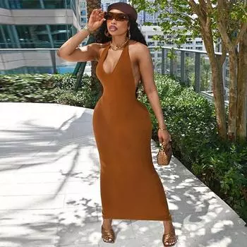 Женская одежда 2025 года, новое летнее модное платье с открытой спиной и вырезом на шее, сексуальное, без рукавов, облегающее платье S чёрный