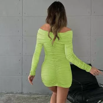 Женская одежда 2025 года, новое модное и сексуальное однотонное платье с плиссировкой на плечах и запахом на бедрах S абрикосовый