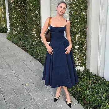 Женская одежда 2025 года, осень и зима, новый продукт, сексуальное платье с завышенной талией и тонкой спинкой на подтяжках S чёрный