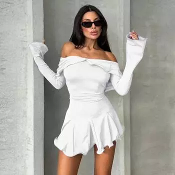 Женская одежда 2025 года, осень-зима, новый модный продукт, индивидуальное облегающее платье с оборками и листьями, с открытыми плечами и длинными рукавами S чёрный