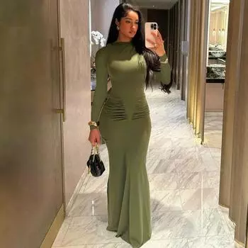 Женская одежда 2025 летняя новинка модный темперамент тонкий плиссированный круглый вырез с длинными рукавами платье женщины S чёрный