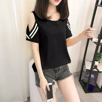 Женская одежда 2025 лето футболка с открытыми плечами, облегающая, с коротким рукавом, ins, повседневная мода, женский топ M чёрный