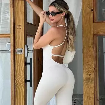 Женская одежда 2025 лето новая мода однотонный спортивный комбинезон для йоги с лямками на бретелях S розовый