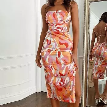 Женская одежда 2025 лето новая мода принт бретелька халтер облегающее платье с подтяжками S оранжевый