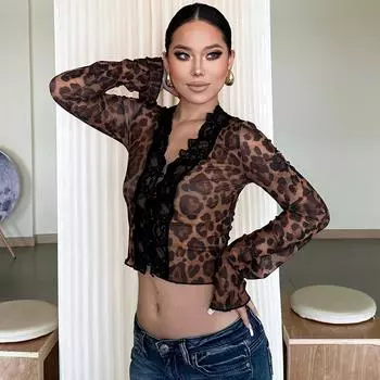 Женская одежда 2025 лето новая мода принт сексуальный сетчатый кружевной кардиган футболка S чёрный