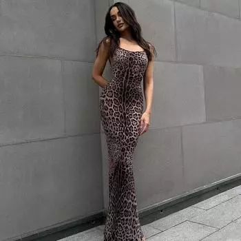 Женская одежда 2025 лето новая мода с принтом U-образный вырез спинки облегающее платье на подтяжках женское S цветной печати леопарда