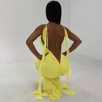 Женская одежда 2025 лето новая мода сексуальное кружевное плиссированное платье с открытой спиной S чёрный