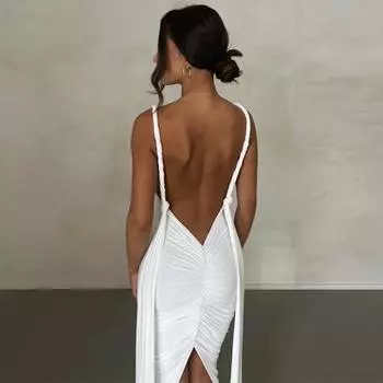 Женская одежда 2025 лето новая мода сексуальное глубокое V-образное вырез на спине плиссированное платье с разрезом S чёрный