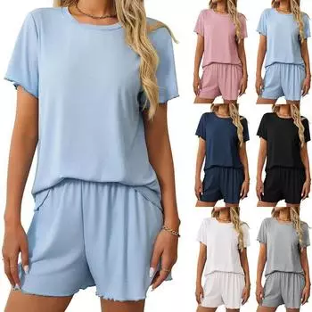 Женская одежда 2025 лето новая однотонная пижама в полоску комплект домашней одежды с короткими рукавами S светло-синий