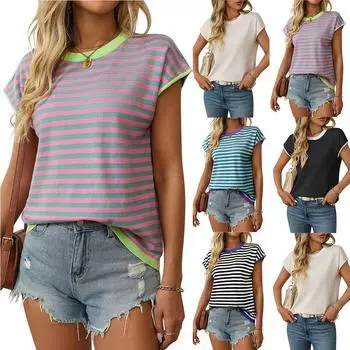 Женская одежда 2025 лето новый круглый вырез трикотажный топ повседневный полосатый контрастный короткий рукав S чёрный