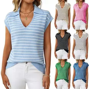 Женская одежда 2025 лето новый трикотажный топ с V-образным вырезом повседневный полосатый лацкан короткий рукав S светло-синий