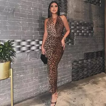 Женская одежда 2025 осень и зима новая мода сексуальное платье без рукавов с открытой спиной и леопардовым принтом S цветной печати леопарда