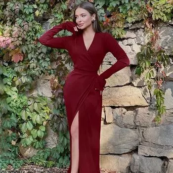 Женская одежда 2025 осень и зима новая мода сексуальное облегающее платье с V-образным вырезом и разрезными рукавами-рогами S чёрный