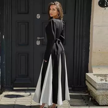 Женская одежда 2025 осень и зима новый темперамент мода знаменитости контрастный цвет средняя талия шнуровка платье S чёрный