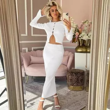 Женская одежда 2025 осень и зима новый модный кардиган на пуговицах топ облегающий юбка комплект S серый